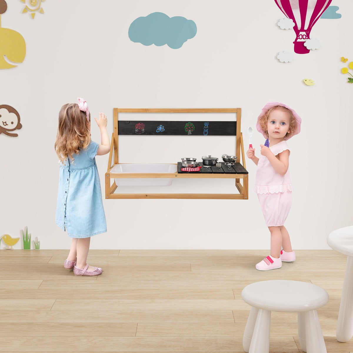 Fir Wood Pretend Play Kitchen with Hanging Hooks and Blackboard-Natural