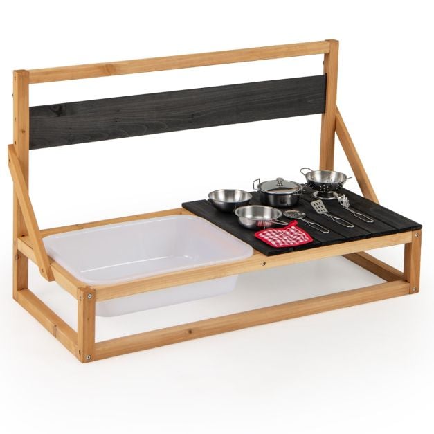 Fir Wood Pretend Play Kitchen with Hanging Hooks and Blackboard-Natural