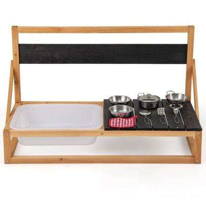 Fir Wood Pretend Play Kitchen with Hanging Hooks and Blackboard-Natural