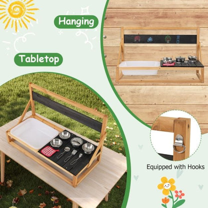 Fir Wood Pretend Play Kitchen with Hanging Hooks and Blackboard-Natural