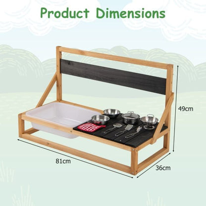 Fir Wood Pretend Play Kitchen with Hanging Hooks and Blackboard-Natural