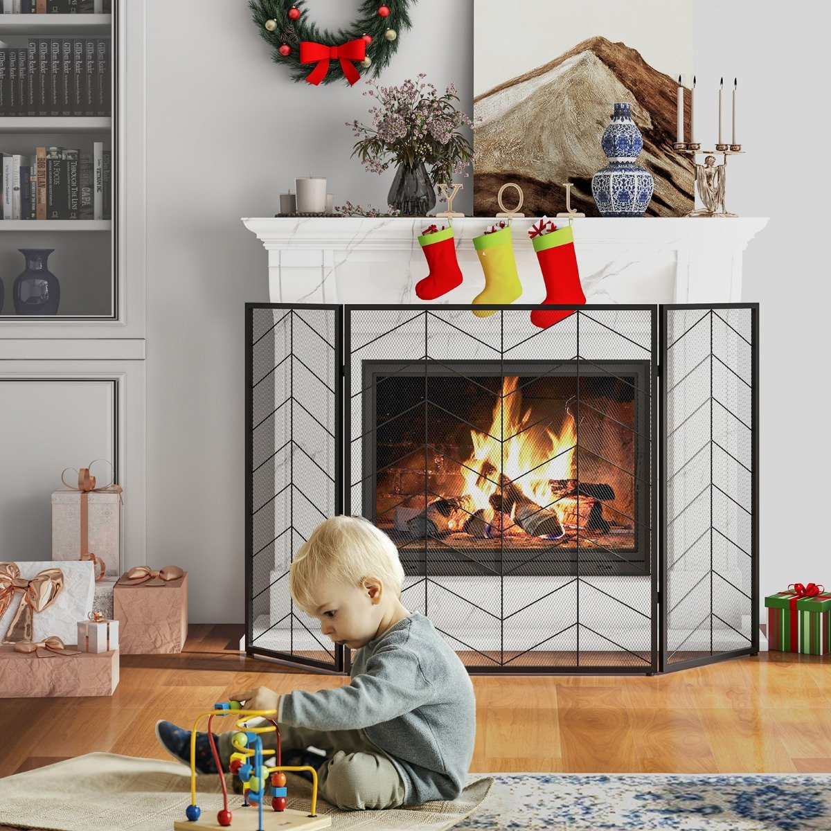 3-Panel Folding Spark Guard with Chevron Herringbone Pattern