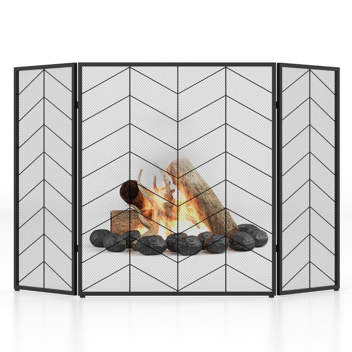 3-Panel Folding Spark Guard with Chevron Herringbone Pattern