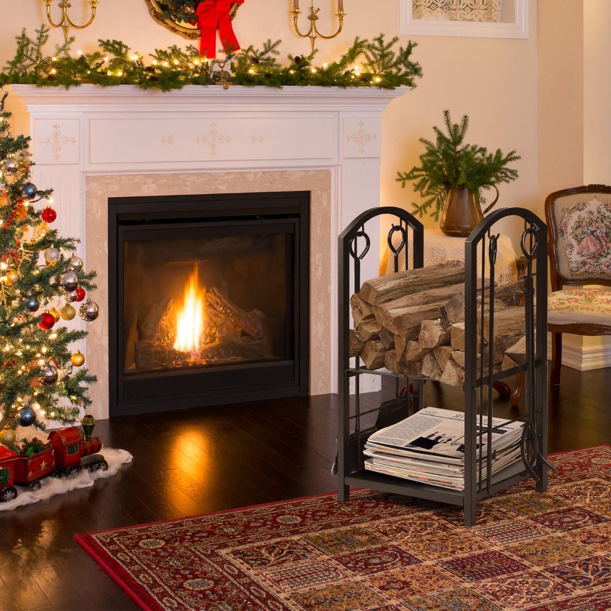 Firewood Log Rack with 4 Pieces Fireplace Tools-Black