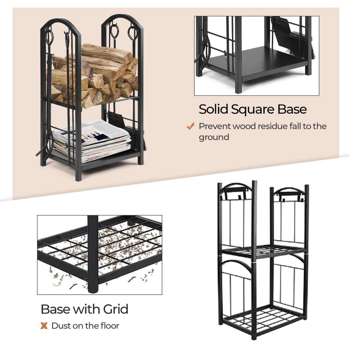 Firewood Log Rack with 4 Pieces Fireplace Tools-Black