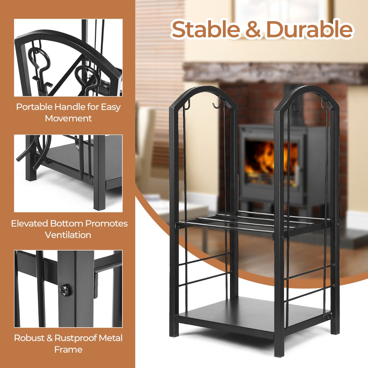 Firewood Log Rack with 4 Pieces Fireplace Tools-Black