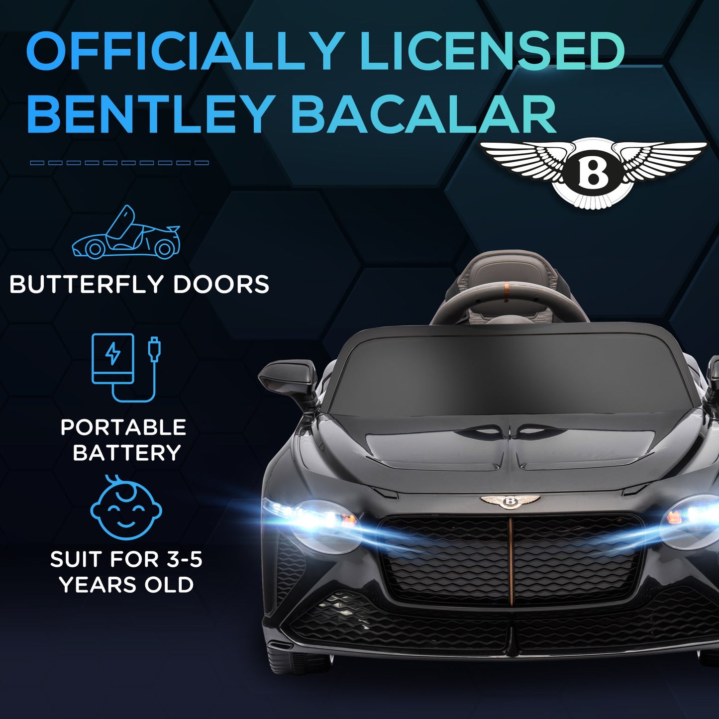 سيارة كهربائية للأطفال من HOMCOM Bentley Bacalar مرخصة بقوة 12 فولت، مع جهاز تحكم عن بعد، باللون الأسود