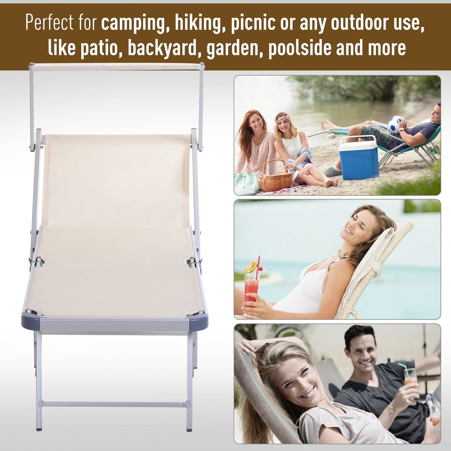 Outsunny Garden Sun Lounger Texteline Chaise Lounge Reclining Chair with Canopy Adjustable Backrest Bed Aluminium Frame - Beige