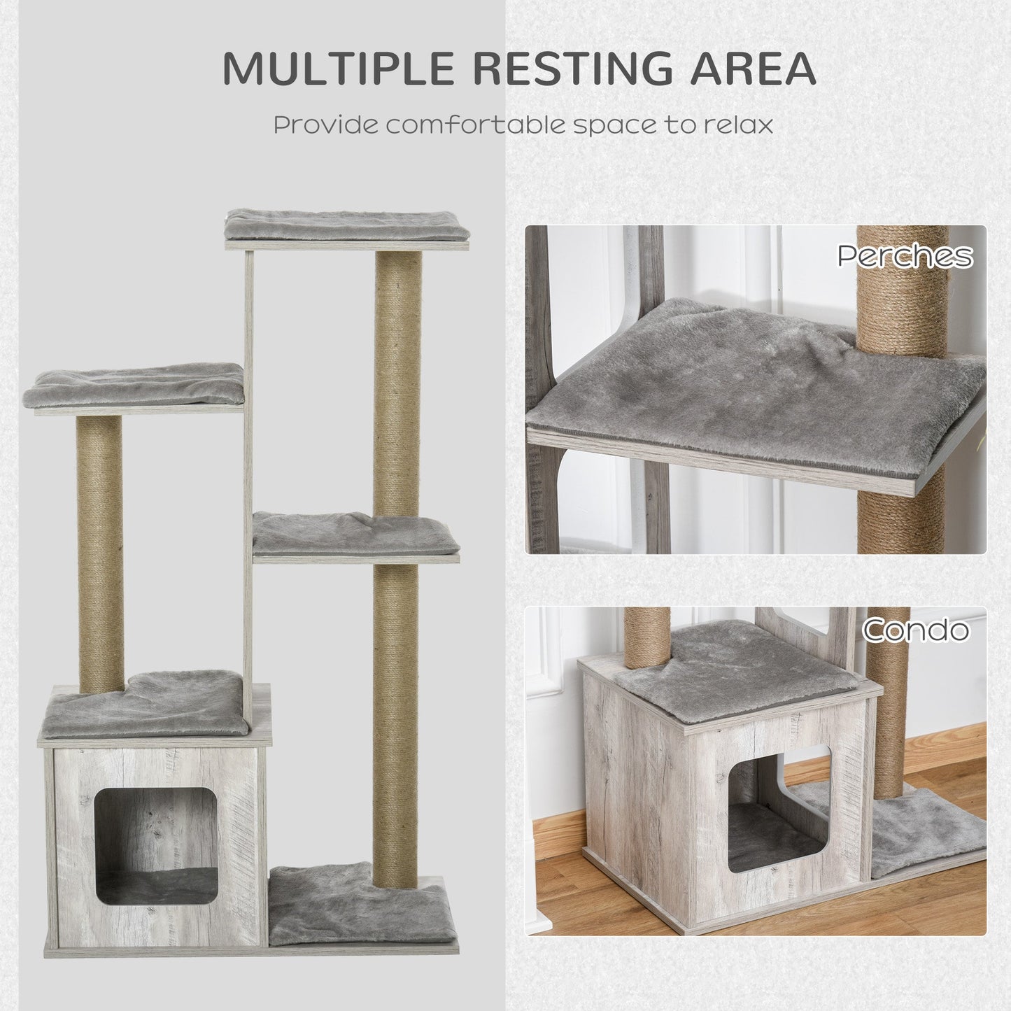 PawHut Cat Tree Tower, Activity Centre, with Scratching Posts, Cat House, Perches - Grey