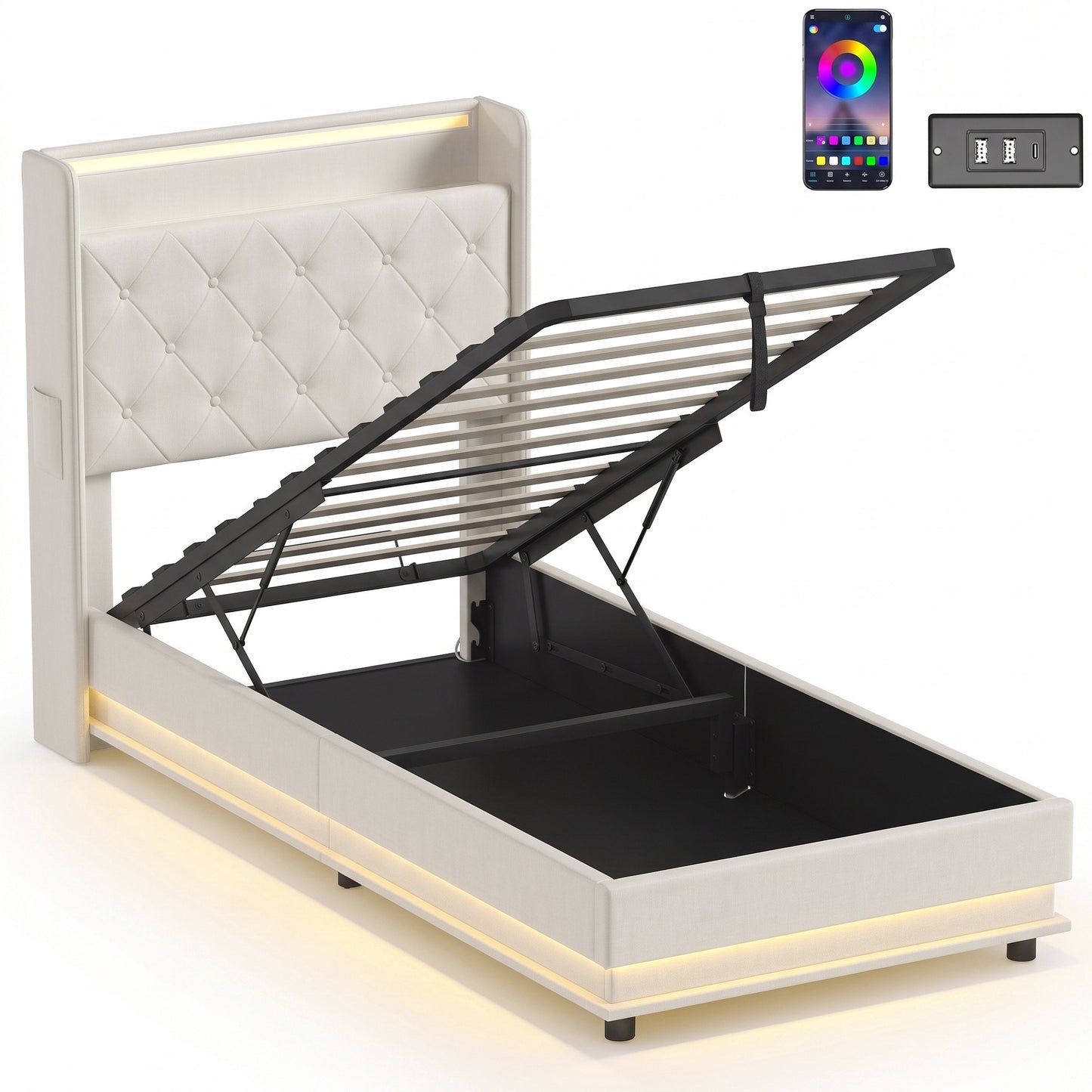 HOMCOM 3ft Single Bed Frame with Headboard, Platform Bed Frame with Hydraulic Storage, LED Lights and Charging Station, White