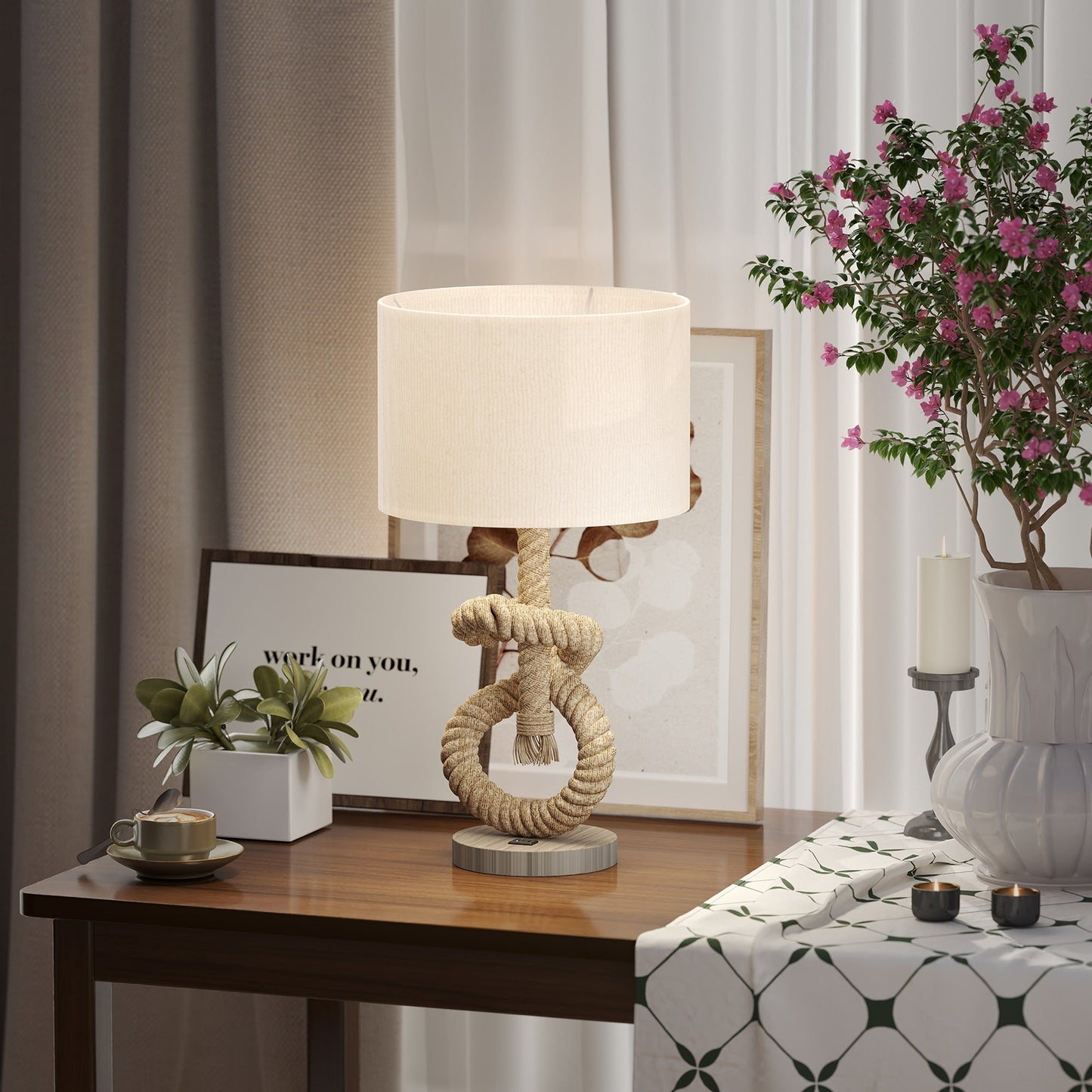 HOMCOM Nautical LED Table Lamp with USB Charging Port, Bedside Desk Lamp for Bedroom, Living Room, Home Office