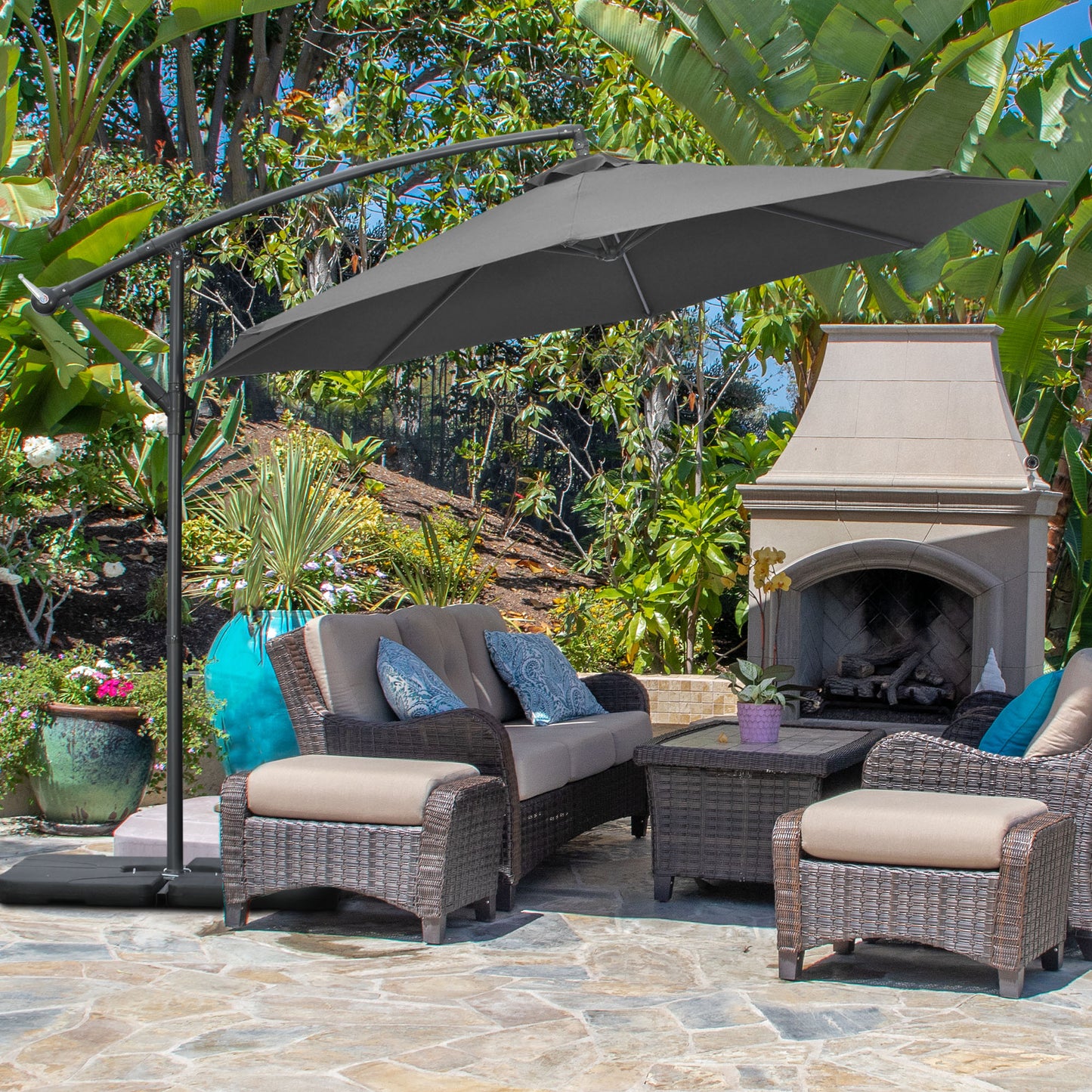 Outsunny 3(m) Garden Banana Parasol Cantilever z korbką, podstawą krzyżową, ciężarkami i pokrowcem na zewnątrz, wiszący daszek przeciwsłoneczny, czarny
