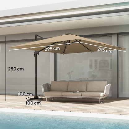 Outsunny 3 x 3 m Cantilever Parasol, Square Patio Umbrella with Crank Handle, Cross Base, Tilt, 360Â° Rotation, Khaki
