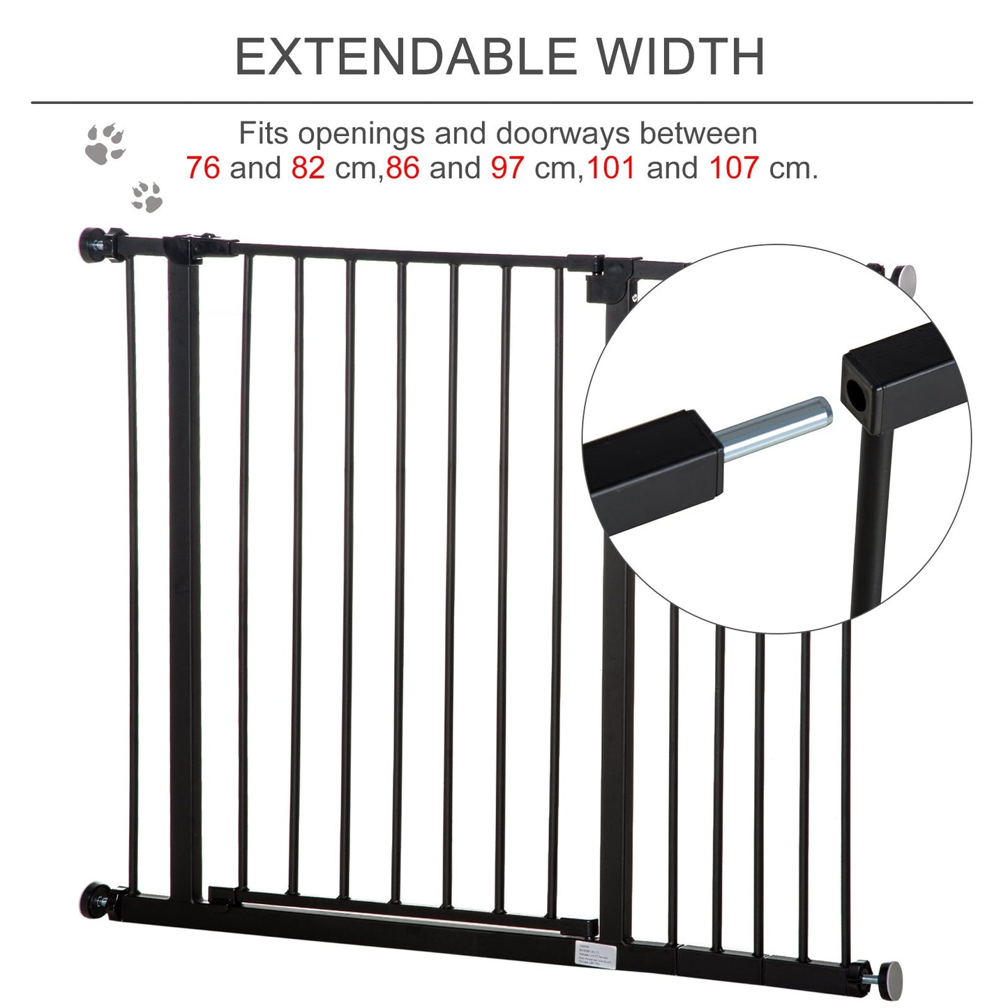 PawHut Dog Gate Pet Safety Gate Stair Barrier Pressure Fit Adjustable 76-82/86-97/101-107 cm, Black