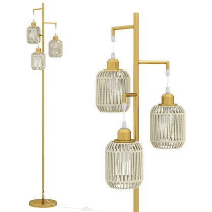 3-Light Floor Lamp with 3 Boho Paper Woven Lampshades and Weighted Base-Golden