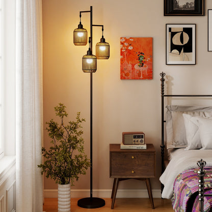 3-Light Floor Lamp with 3 Boho Paper Woven Lampshades and Weighted Base-Black