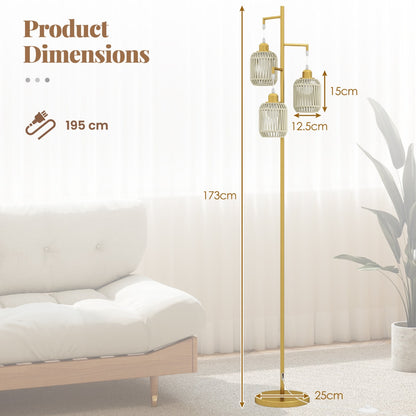 3-Light Floor Lamp with 3 Boho Paper Woven Lampshades and Weighted Base-Golden