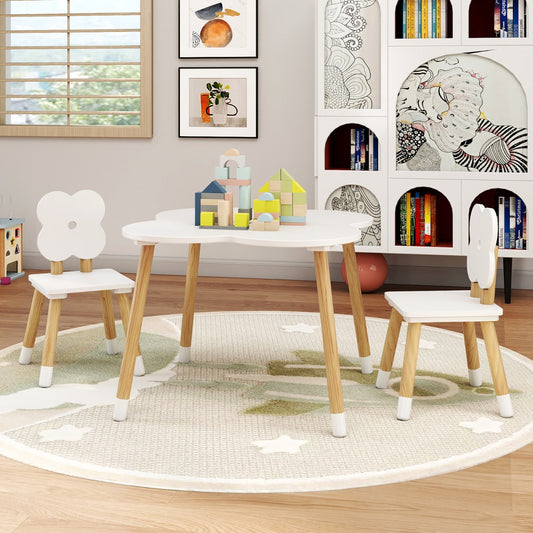 Flower-shaped Kids Table Set with 2 Child-sized Chairs and Wood Legs-White
