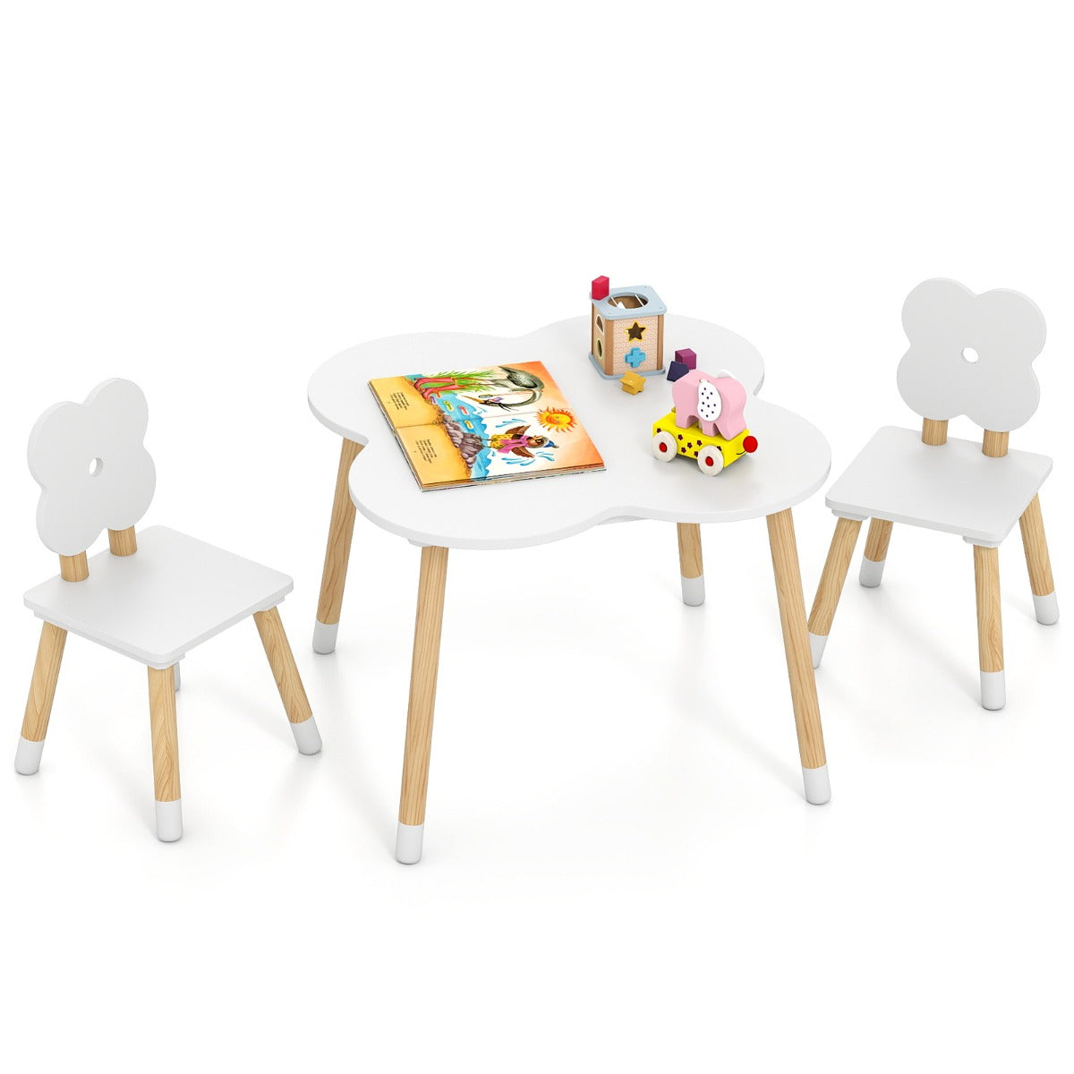 Flower-shaped Kids Table Set with 2 Child-sized Chairs and Wood Legs-White