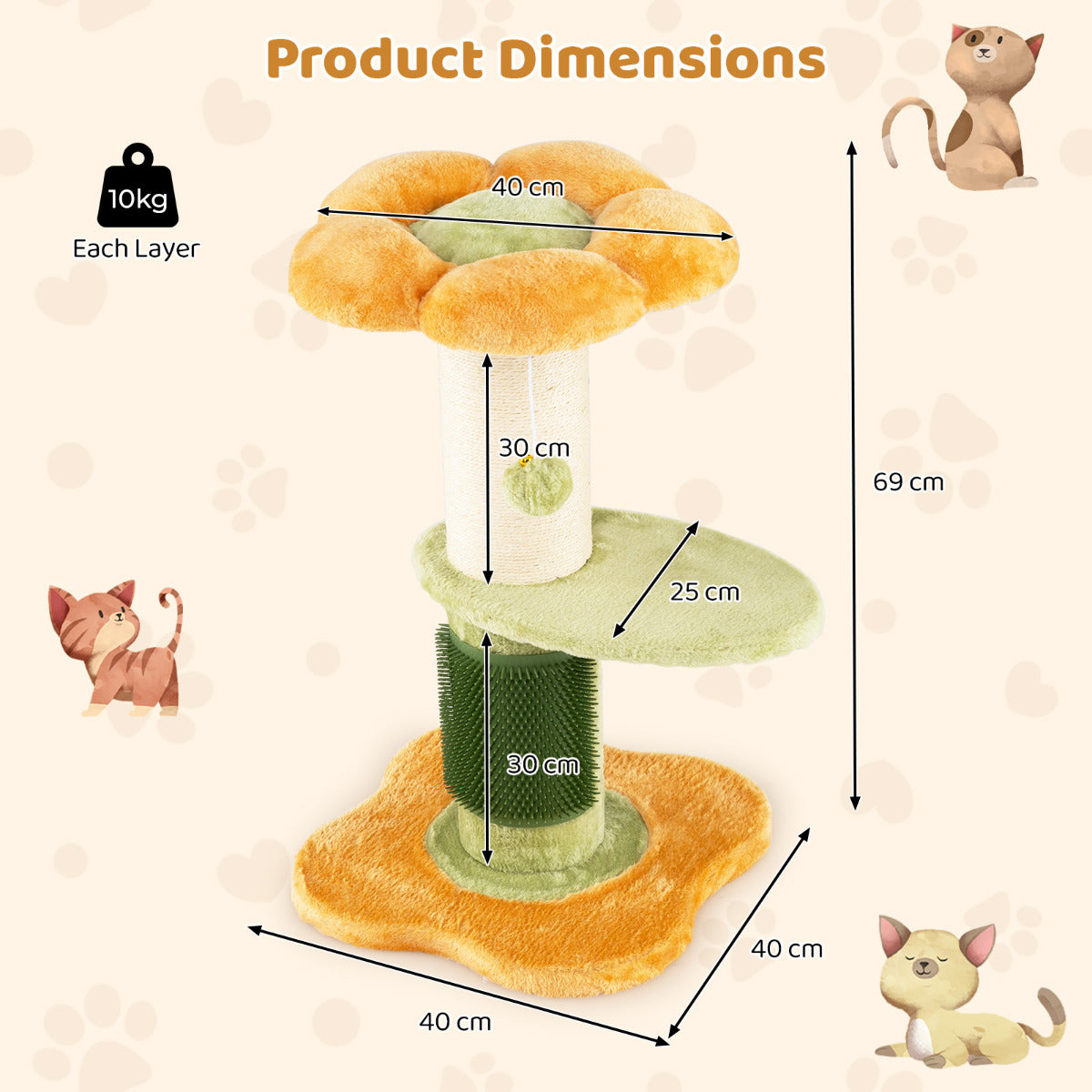 Flower Cat Tree 69 CM Tall Kitten Tower with Hanging Ball-Yellow