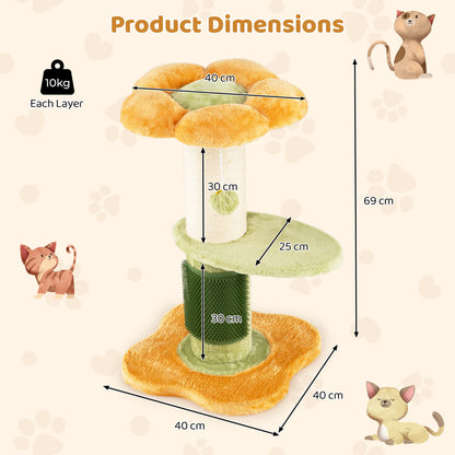 Flower Cat Tree 69 CM Tall Kitten Tower with Hanging Ball-Yellow