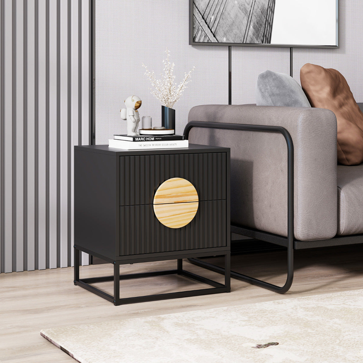 Fluted Nightstand Modern Mid Century Side Table-Black
