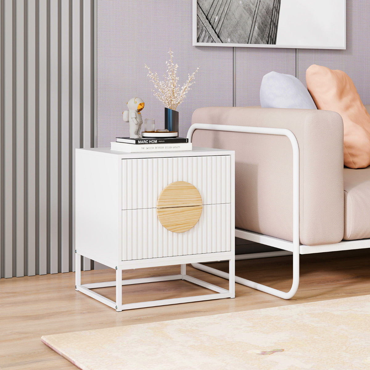 Fluted Nightstand Modern Mid Century Side Table-White