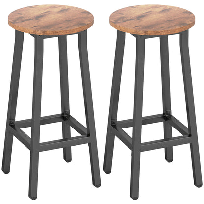 HOMCOM Bar Stools Set of 2 Breakfast Bar Stools with Footrest, Industrial Round, 32 x 32 x 65 cm, Rustic Brown