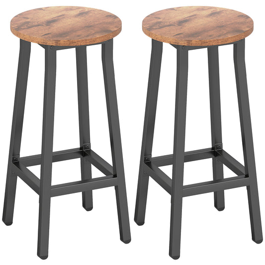 HOMCOM Bar Stools Set of 2 Breakfast Bar Stools with Footrest, Industrial Round, 32 x 32 x 65 cm, Rustic Brown