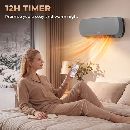 HOMCOM 2000W Ceramic Heater, Wall Mounted Space Heater with 3 Heat Settings, Adjustable Thermostat, Remote Control, Grey