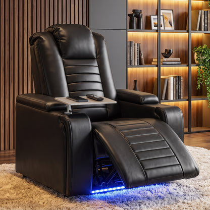 HOMCOM Electric Recliner Armchair w/ Type C+USB, LED Light, PU Leather Cinema Recliner Chair w/ Storage, Tray Table, Black