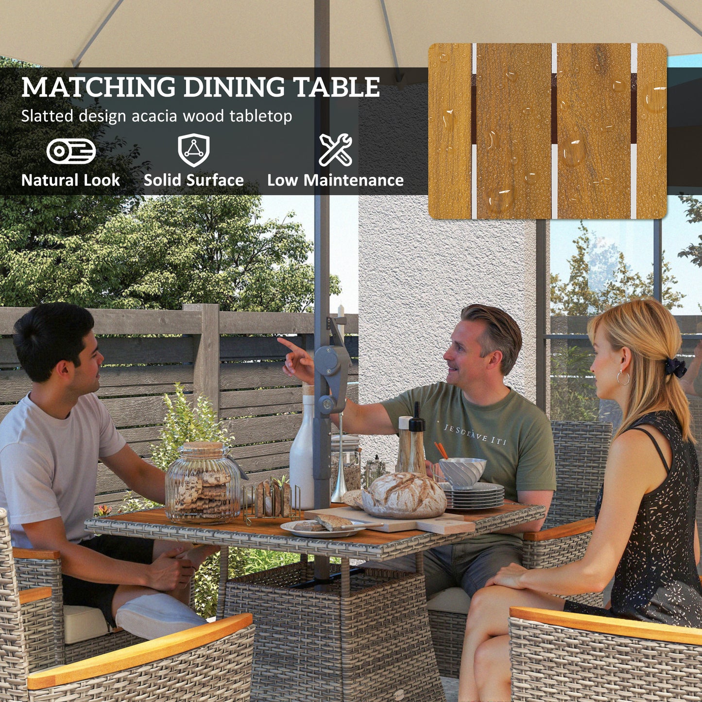Outsunny Five-Piece Rattan Set, with Wood-Top Table - Teak