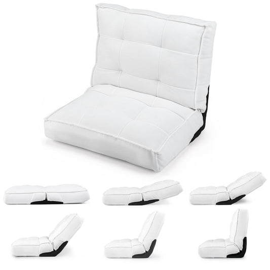 Foldable Floor Chair with Reclining Backrest and Foam Filling in White