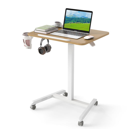 Foldable Mobile Standing Desk Portable Computer Workstation with Hook and Cup Holder-Natural