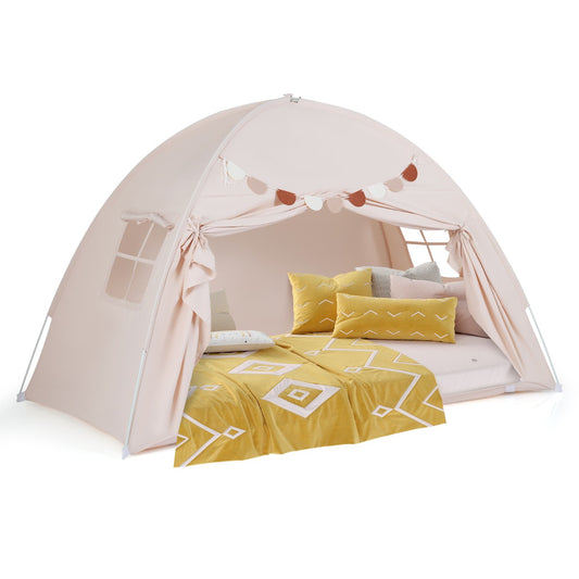 Foldable and Portable Canopy Tent on Twin Bunk Bed with 2 Windows-Beige
