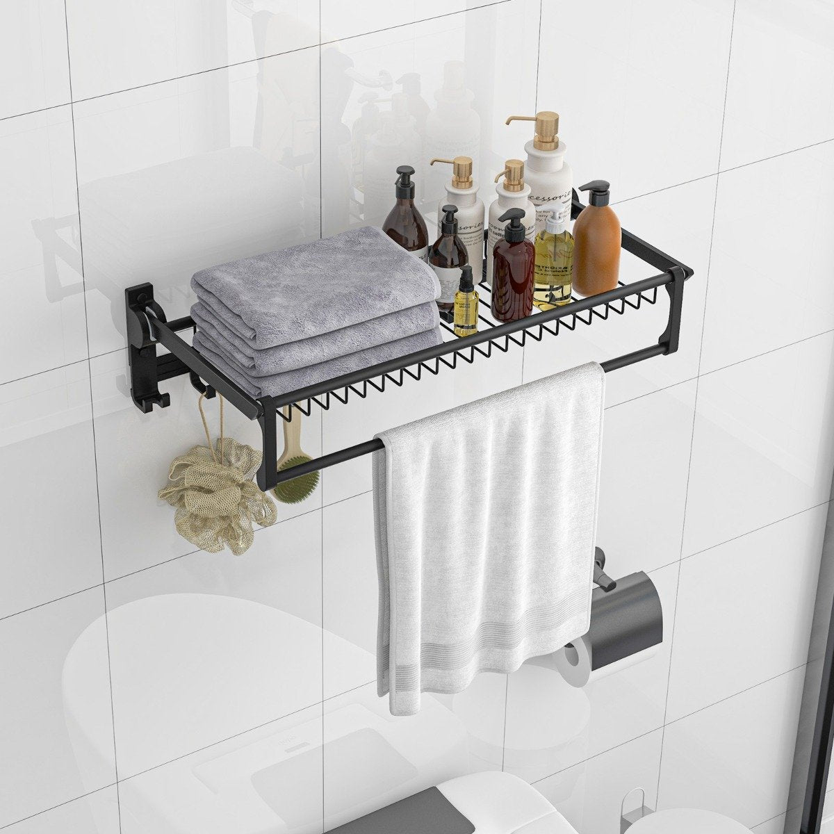 Foldable Bathroom Towel Rack with Adjustable Towel Bar and Movable Hooks