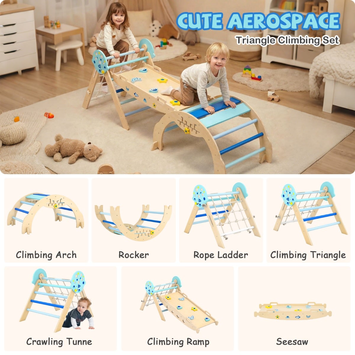 Foldable Climbing Toys with Arch and Climber for Toddlers-Blue