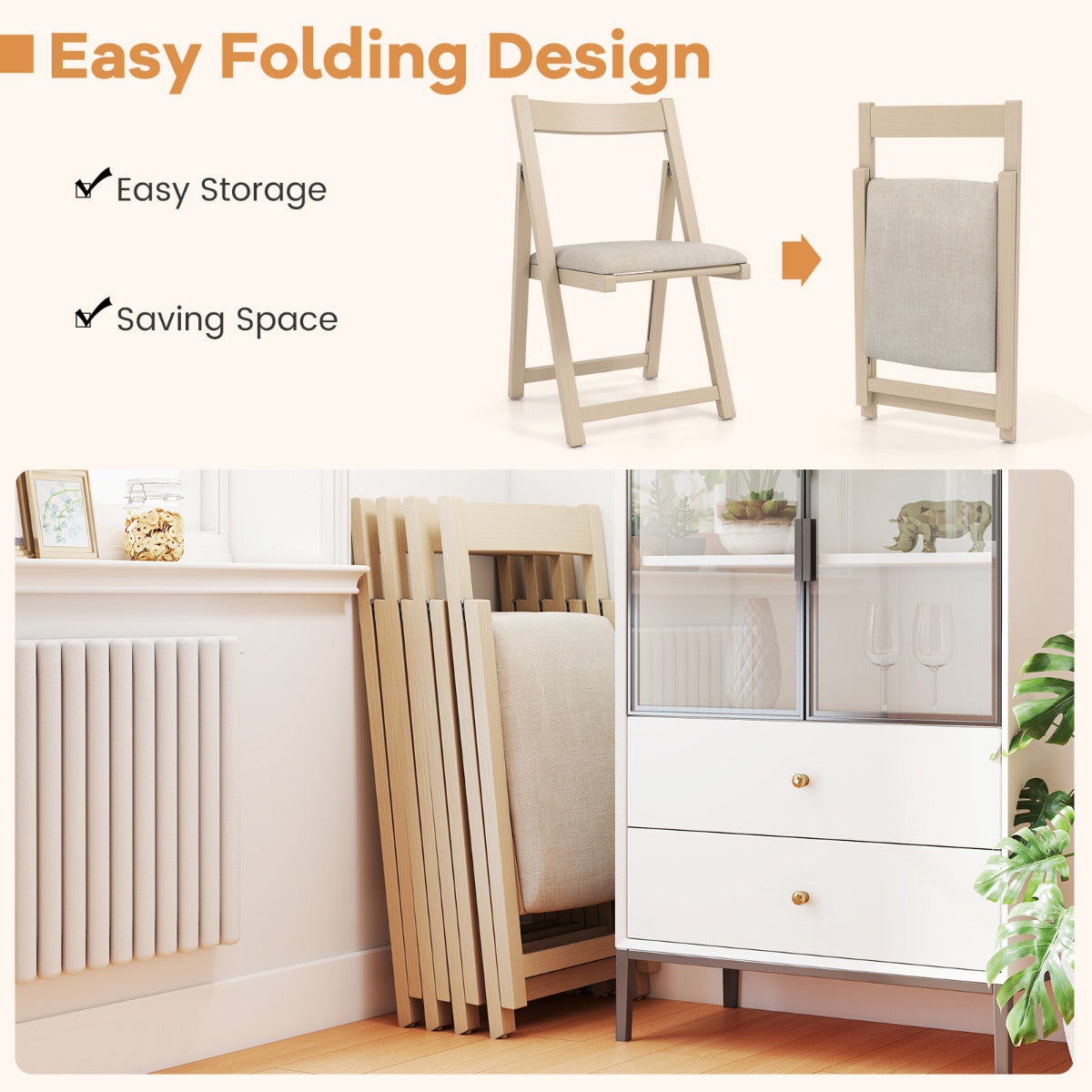 Foldable Dining Chair Set of 4 with Padded Seat and Curved Backrest-Beige