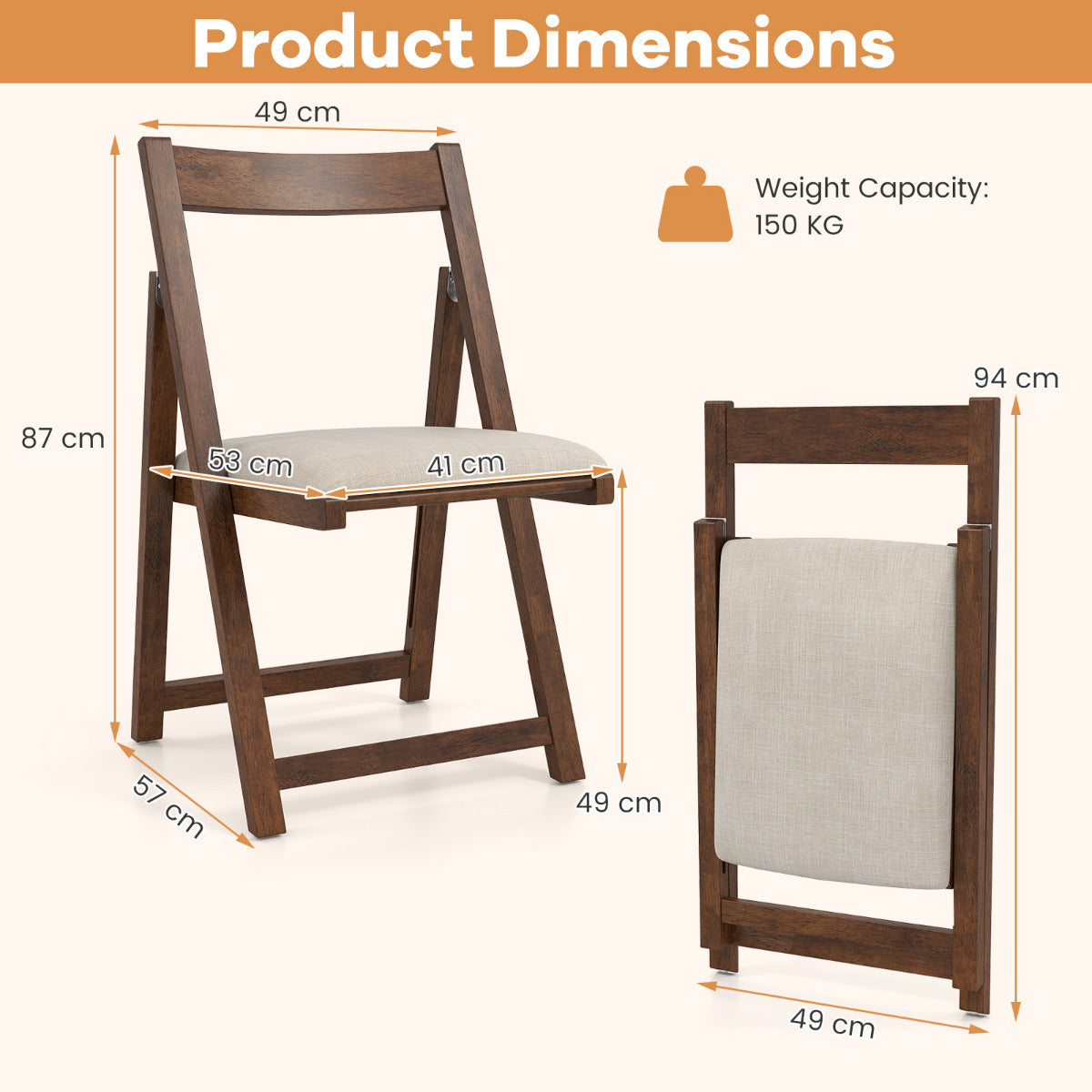 Foldable Dining Chair Set of 4 with Padded Seat and Curved Backrest-Walnut