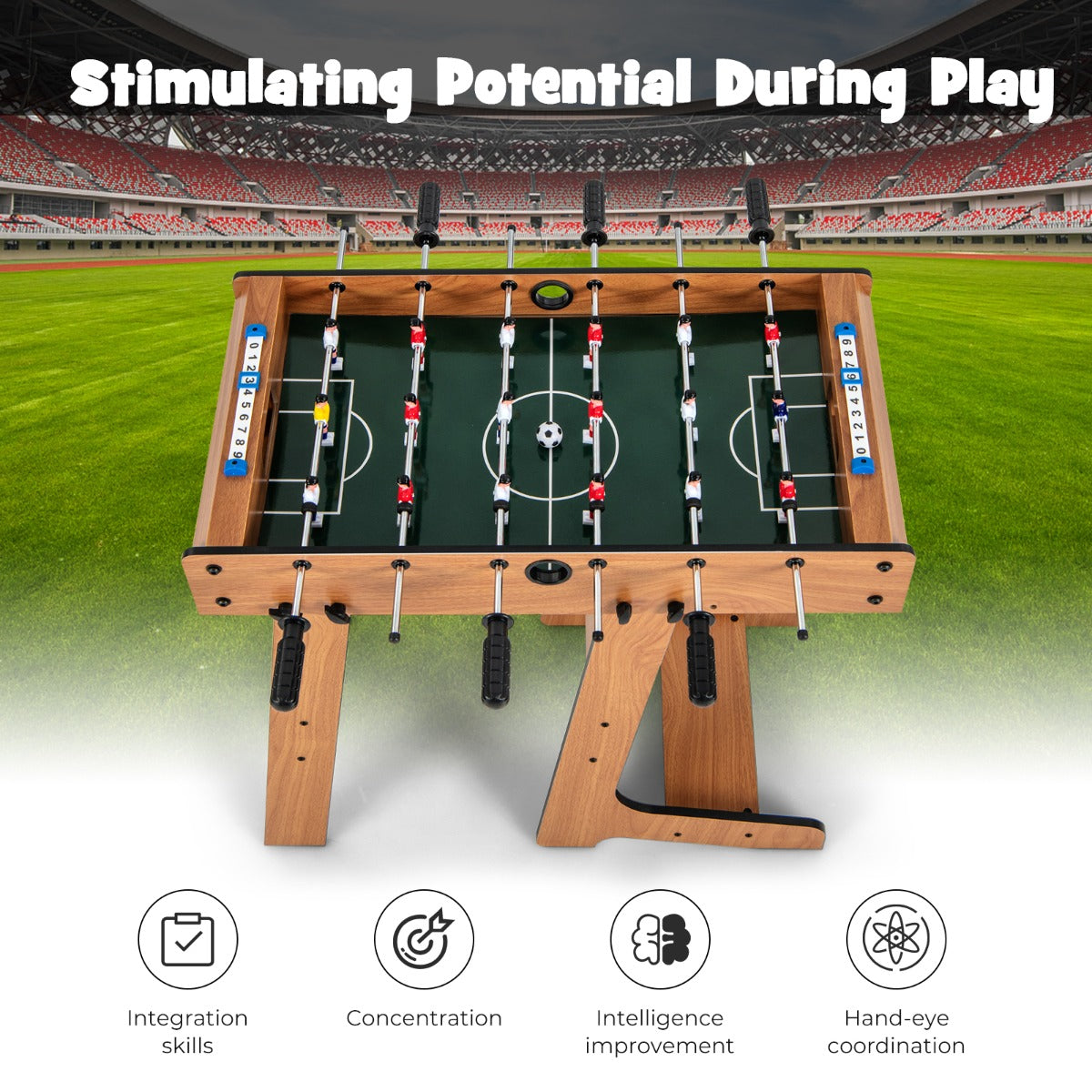 Space Saving Table Football with Durable Handle and 2 Footballs for Adult and Child-Brown
