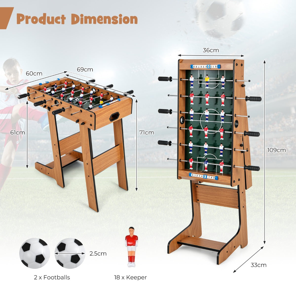 Space Saving Table Football with Durable Handle and 2 Footballs for Adult and Child-Brown