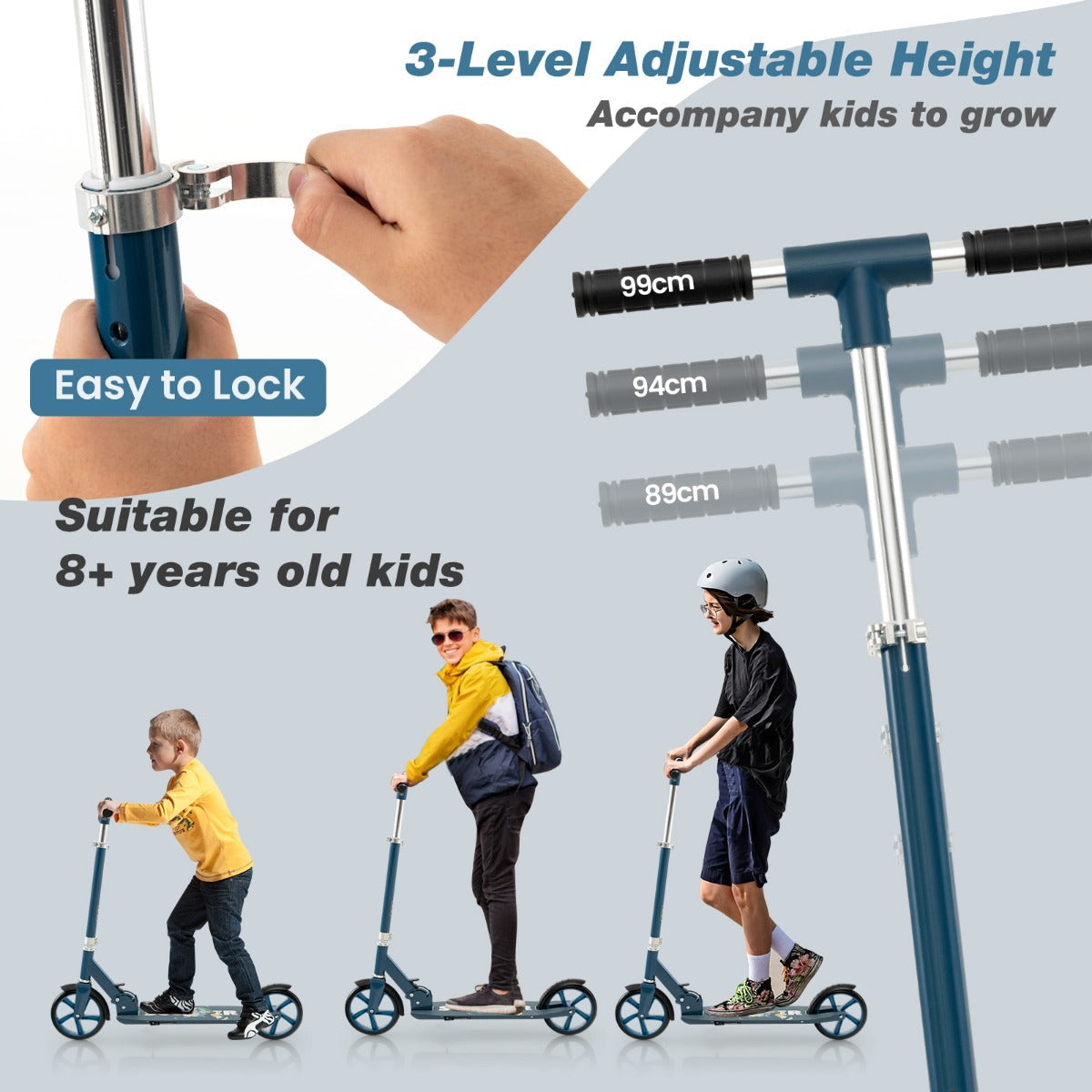 Folding Aluminum Alloy Scooter with 3 Adjustable Heights-Blue
