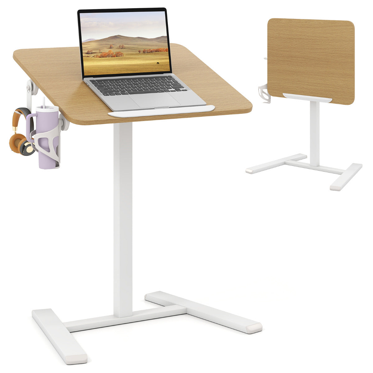 Foldable Mobile Standing Desk Rolling Laptop Desk with 90¬∞ Tiltable Tabletop-Natural
