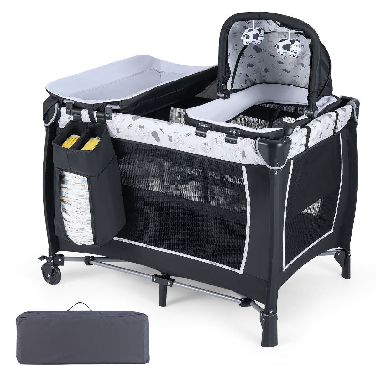 Foldable Pack and Play Portable Baby Playard with Rocking Bassinet and Diaper Changing Table-Beige