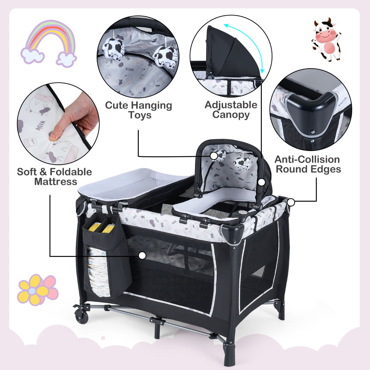 Foldable Pack and Play Portable Baby Playard with Rocking Bassinet and Diaper Changing Table-Beige