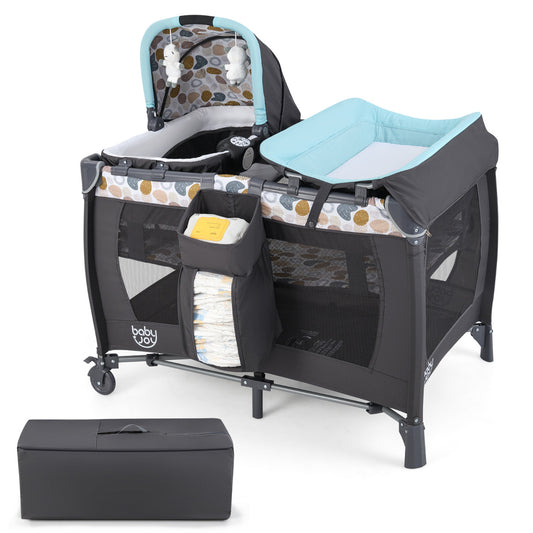 Foldable Pack and Play Portable Baby Playard with Rocking Bassinet and Diaper Changing Table-Blue