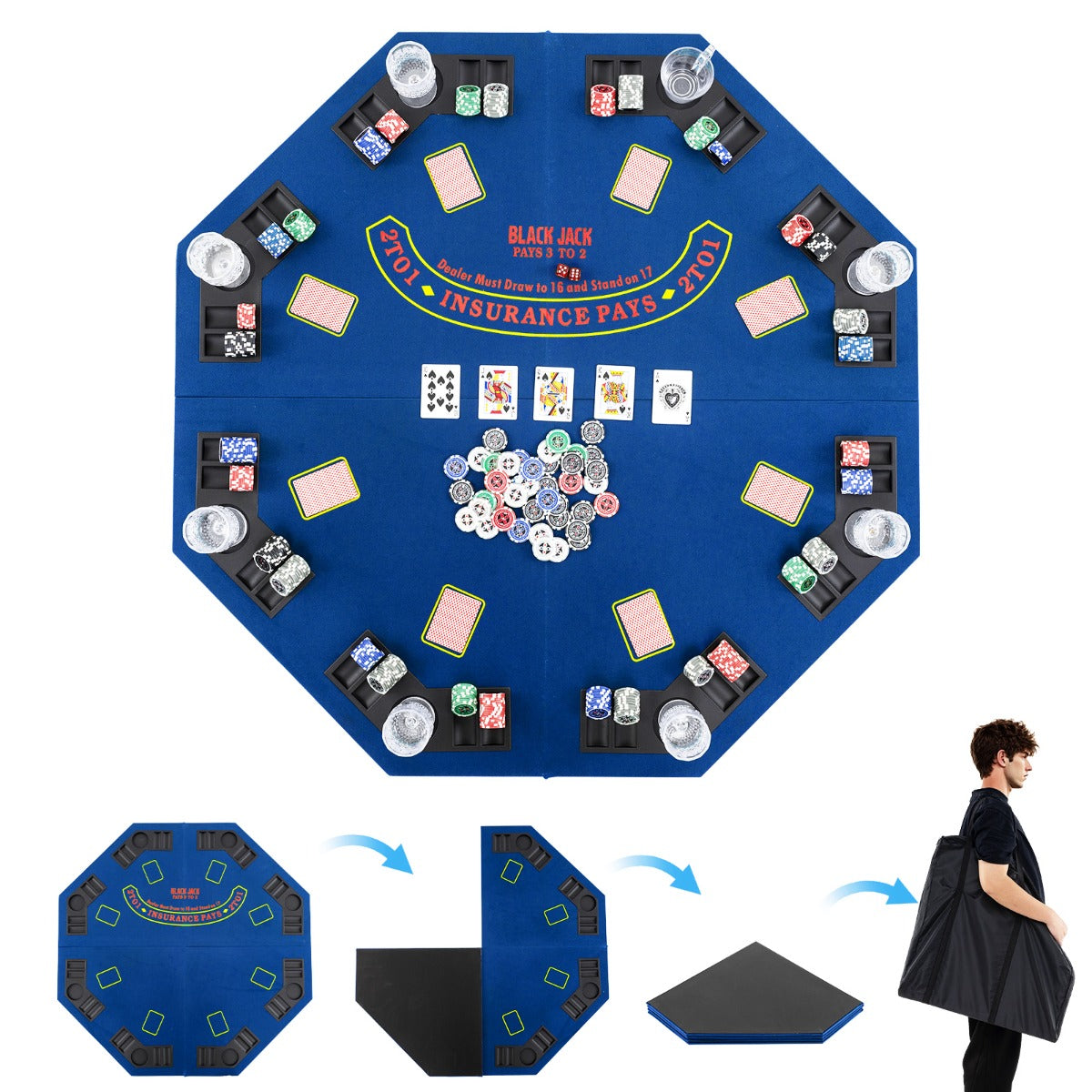 120CM 8-Player Foldable Poker Table Top with Carrying Bag-Blue