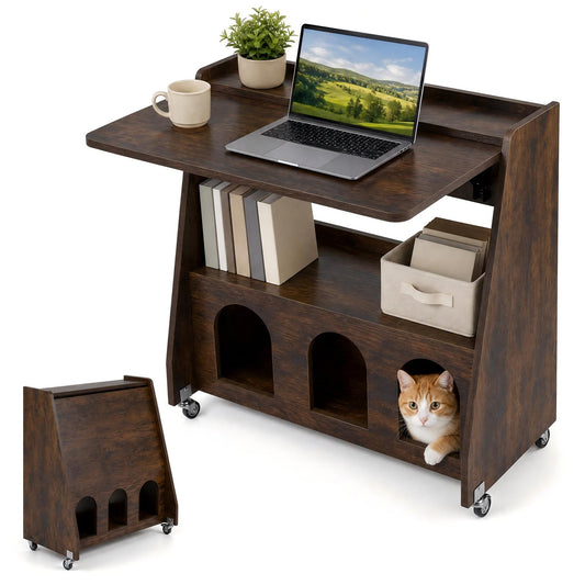 Folding Desk on Wheels in Rustic Brown