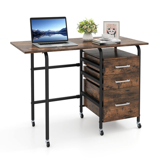 Folding Desk with 3 Drawers Storage & Rolling Wheels in Rustic Brown