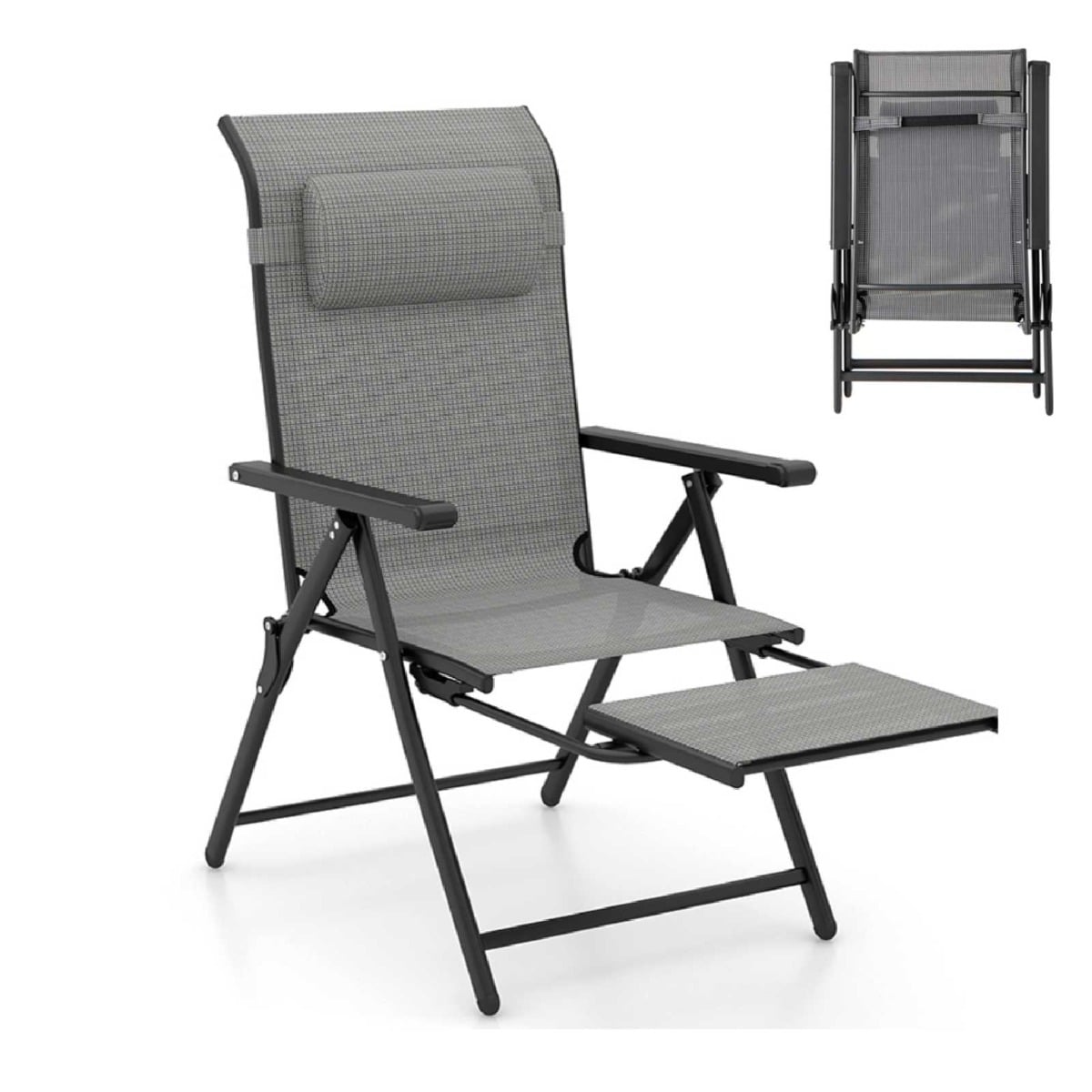 Folding Patio Chair with 10-Level Adjustable Backrest and Armrests-Grey